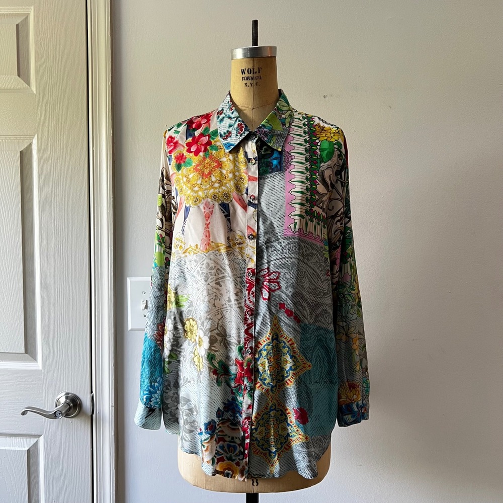 Johnny Was Patchwork Silk Floral Paisley Button Down Shirt Blouse Boho Size M